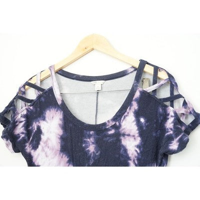 Cato Maxi Dress Women Small Purple Tie Dye Cold Shoulder Lattice Sleeve Pockets
