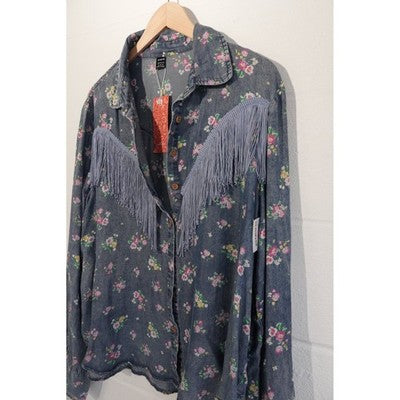 SHEIN Button Down Shirt Women X-Large Blue Floral Fringe Western Denim Top