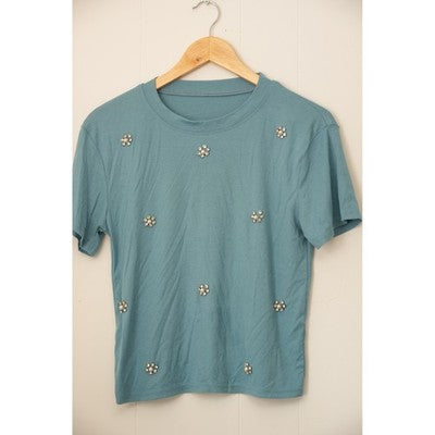 Embellished Ribbed T-Shirt Women Small Rhinestone Pearl Floral