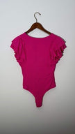 Hot Pink Ribbed V-Neck Ruffle Sleeve Bodysuit, Large