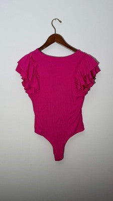 Hot Pink Ribbed V-Neck Ruffle Sleeve Bodysuit, Large
