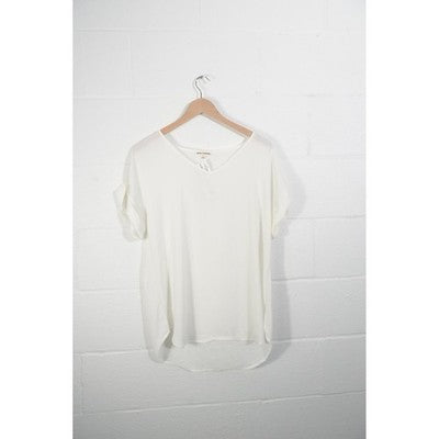 Zenana Outfitters Blouse Women Large White V-Neck Short Sleeve Rolled Cuff Top