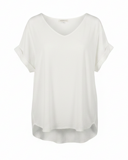Zenana Outfitters Blouse Women Large White V-Neck Short Sleeve Rolled Cuff Top