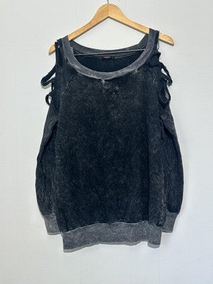 Cold Shoulder Sweatshirt Womens Medium Black Strap Acid Wash Distressed