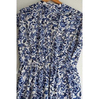 Free Assembly Button Front Dress Women Large Blue White Floral Elastic Waist