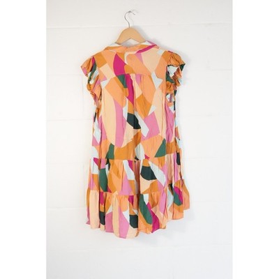 Umgee Dress Women Large Multi Color Abstract Geometric Tiered Babydoll Mini