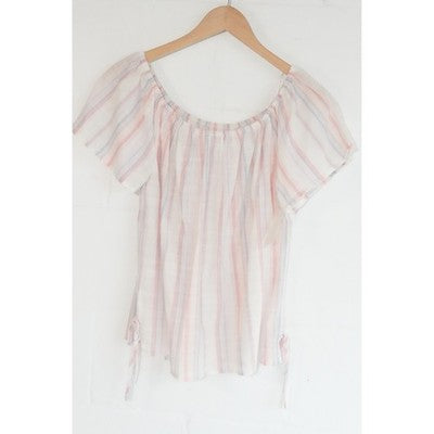 Pink Rose Off The Shoulder Blouse Womens Small Coral Blue Striped Short Sleeve