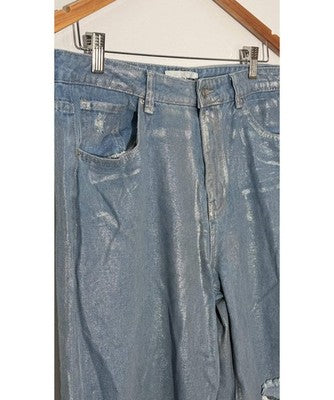 Fashionova Wide Leg Jeans Women Size 13 Silver Metallic Distressed Cropped