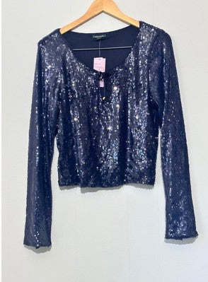 Wild Fable Sequin Top Women Large Navy Blue Long Sleeve Keyhole