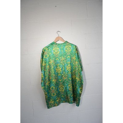 Floral Satin V-Neck Blouse Women Large Green Puff Sleeve Boho Top