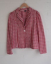 Shein Blazer Women Large Red Gingham Checkered Puff Sleeve Single Button Jacket