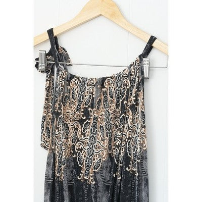 Romper Jumper Women Medium Black Silk Blend Paisley Print Pocket
