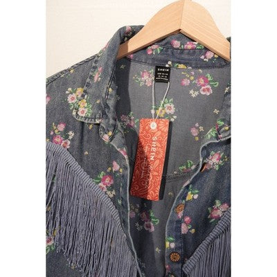 SHEIN Button Down Shirt Women X-Large Blue Floral Fringe Western Denim Top