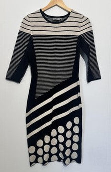 J. Taylor Sweater Dress Womens Medium Black Striped Polka Dot Knit 3/4 Sleeve