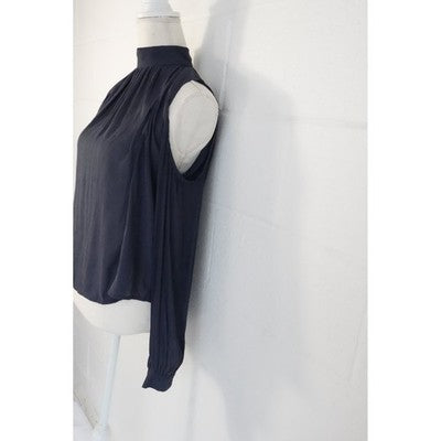 Mono B Cold Shoulder Shear Blouse Medium Gray Mock Neck Pleated Backless Top
