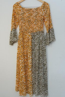Cato Mixed Leopard Print Midi Dress Women Small Orange Olive Smocked Bell Sleeve