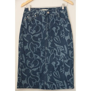 Cato Est. 1946 Denim Midi Skirt Women Size 2 Blue Heart Swirl Print Pencil Skirt