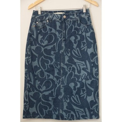 Cato Est. 1946 Denim Midi Skirt Women Size 2 Blue Heart Swirl Print Pencil Skirt