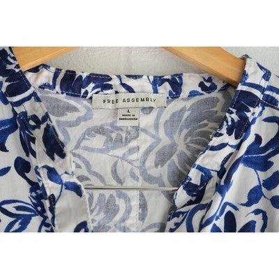 Free Assembly Button Front Dress Women Large Blue White Floral Elastic Waist