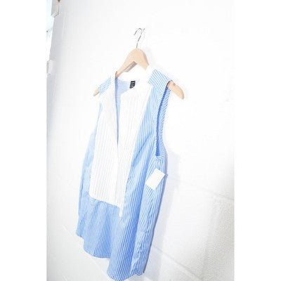 SHEIN Sleeveless Blouse Women Large Blue White Striped Pleated Tuxedo Bib Top