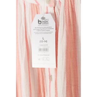 Time and Tru Double Cloth Midi Dress Women Large Coral Peony Striped Button