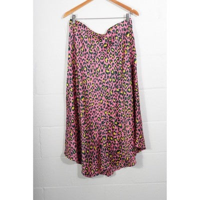Scoop Satin Asymmetric Skirt Women Large Pink Leopard Animal Print Midi