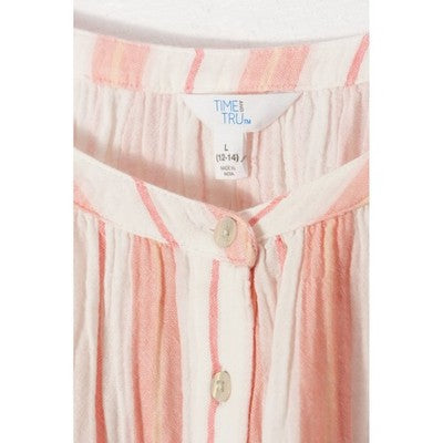 Time and Tru Double Cloth Midi Dress Women Large Coral Peony Striped Button