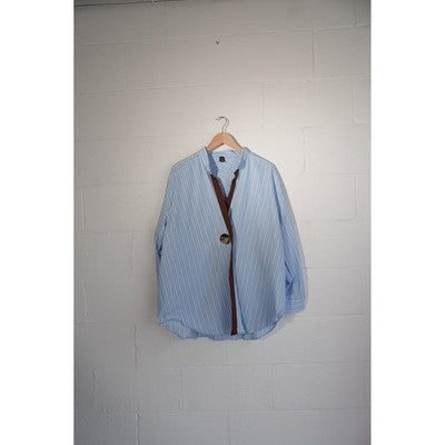 SHEIN Button Up Shirt Women Large Blue White Striped Contrast Trim Stand Collar