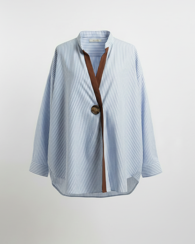 SHEIN Button Up Shirt Women Large Blue White Striped Contrast Trim Stand Collar
