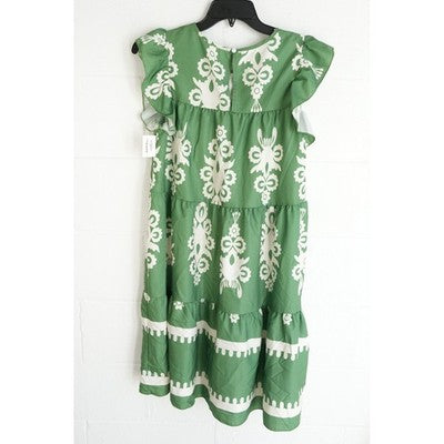 Shein Tiered Dress Women Large Green White Flutter Sleeve Damask Print Babydoll