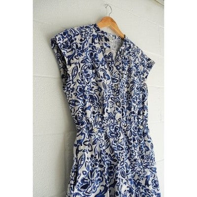 Free Assembly Button Front Dress Women Large Blue White Floral Elastic Waist