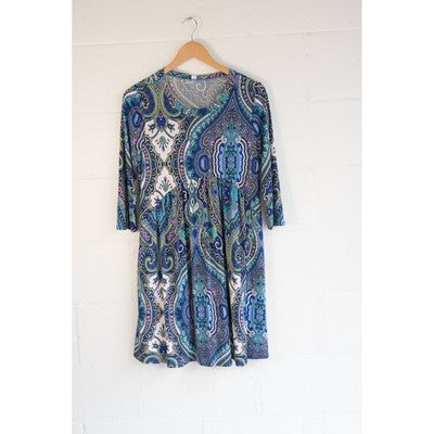 Honeyme Blue Paisley Empire Waist 3/4 Size Medium Mini Dress