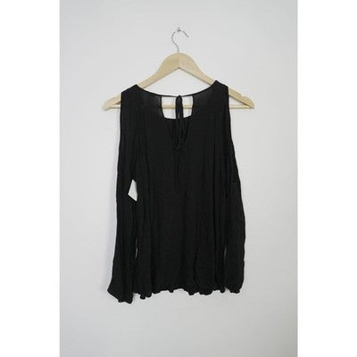 Old Navy Cold Shoulder Top Women Small Black Pintuck Long Sleeve Keyhole Back