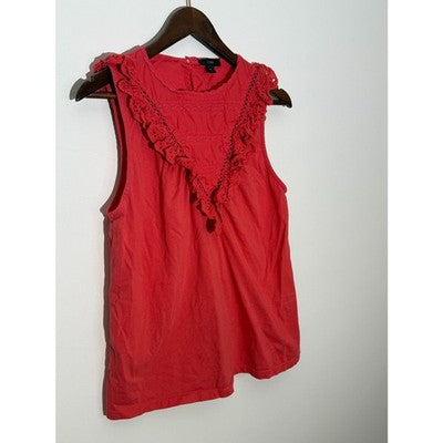 J. Crew Coral Red Eyelet Ruffle Trim Sleeveless Top Regular Fit Size Medium