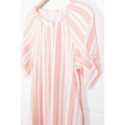 Time and Tru Double Cloth Midi Dress Women Large Coral Peony Striped Button