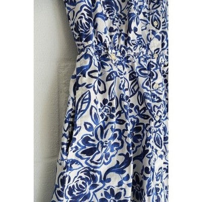 Free Assembly Button Front Dress Women Large Blue White Floral Elastic Waist