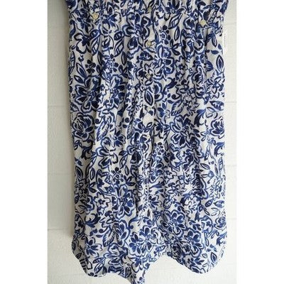 Free Assembly Button Front Dress Women Large Blue White Floral Elastic Waist