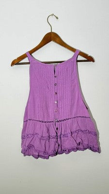 Free People Purple Boho Lace Trim Pintuck Ruffle Button Back Tank Top, Size Larg
