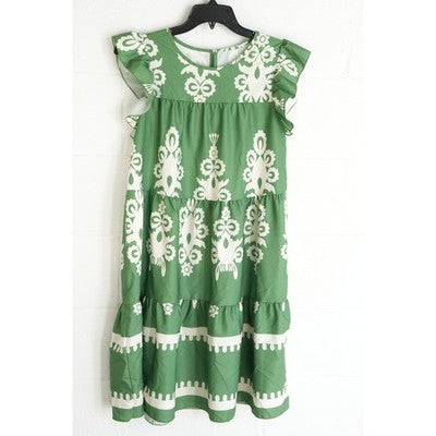 Shein Tiered Dress Women Large Green White Flutter Sleeve Damask Print Babydoll