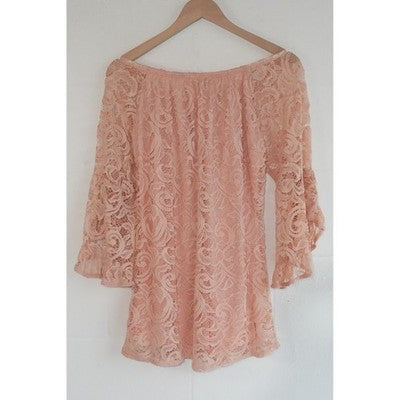 WinWin Full Lace Tunic Women Small/Medium Peach Off Shoulder Bell Sleeve Top