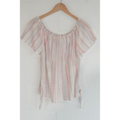 Pink Rose Off The Shoulder Blouse Womens Small Coral Blue Striped Short Sleeve