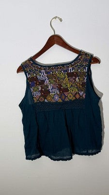 Free People Teal Embroidered Boho Sleeveless Peasant Blouse Relaxed Fit Size Large