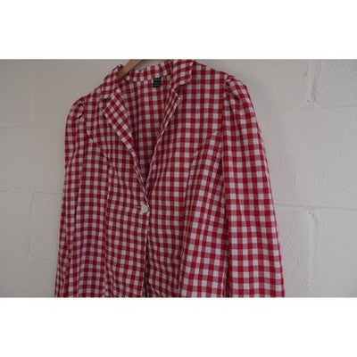 Shein Blazer Women Large Red Gingham Checkered Puff Sleeve Single Button Jacket