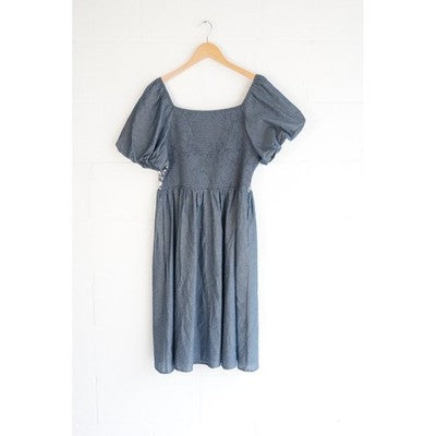 Hippington Tupelo Dress Women Large Blue Floral Embroidered Puff Sleeve Smocked