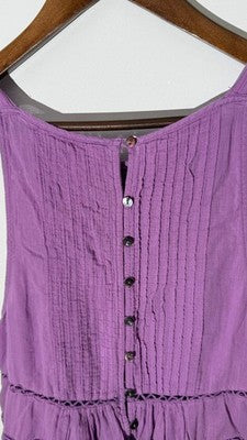 Free People Purple Boho Lace Trim Pintuck Ruffle Button Back Tank Top, Size Larg