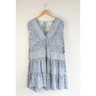 Angie Mini Dress Women Size Small Blue Floral Patchwork Boho Tiered V-Neck Rayon