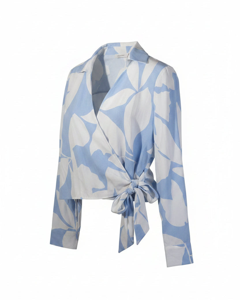 SHEIN Wrap Blouse Women Large Blue White Floral Abstract Long Sleeve Tie Top