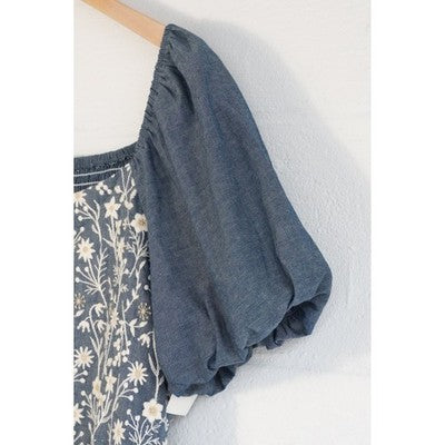 Hippington Tupelo Dress Women Large Blue Floral Embroidered Puff Sleeve Smocked