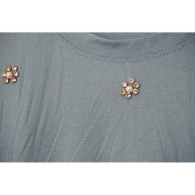 Embellished Ribbed T-Shirt Women Small Rhinestone Pearl Floral