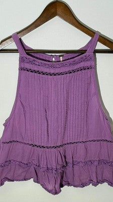 Free People Purple Boho Lace Trim Pintuck Ruffle Button Back Tank Top, Size Larg